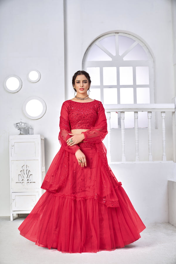Rani Pink Net Lehenga with Thread & Sequence Embroidery