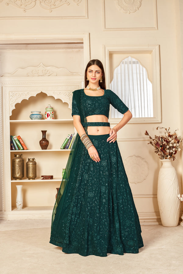 Elegant Green Georgette Lehenga with Thread & Sequence Embroidery & Net Dupatta