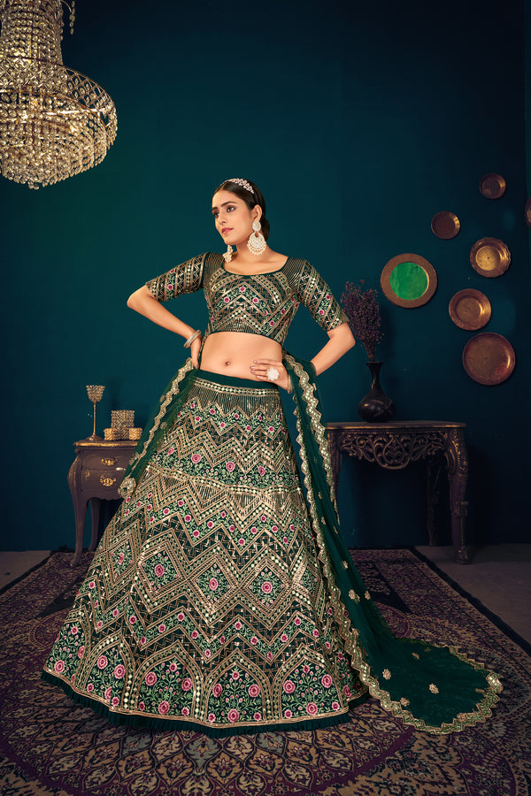 Dark Green Georgette Lehenga with Multi Thread, Sequence & Gota Patti Embroidery Work & Net Dupatta
