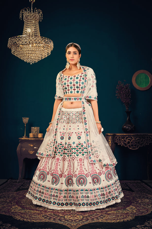 Pearl White Georgette Lehenga with Multi Thread, Sequence & Gota Patti Embroidery Work