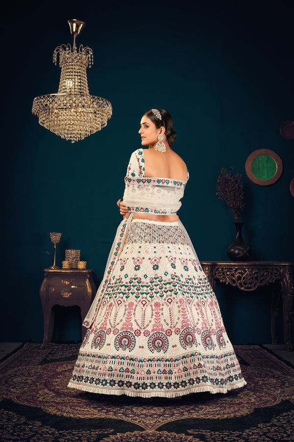 Pearl White Georgette Lehenga with Multi Thread, Sequence & Gota Patti Embroidery Work