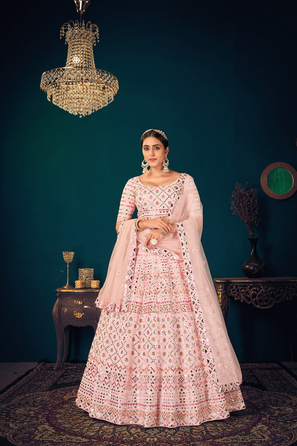 Powder Pink Georgette Lehenga with Multi Thread & Gota Patti Embroidery Work