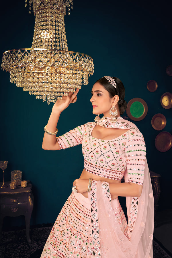 Powder Pink Georgette Lehenga with Multi Thread & Gota Patti Embroidery Work