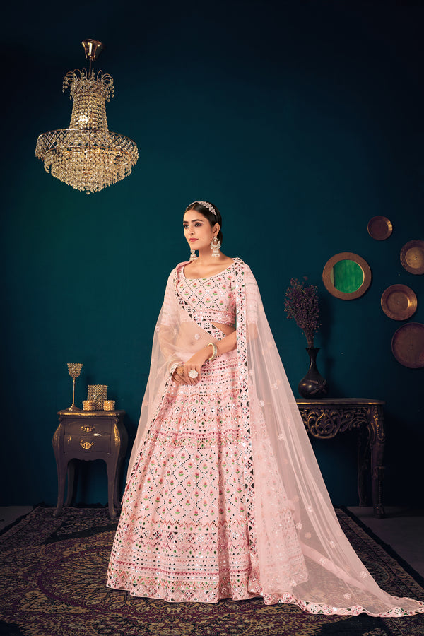 Powder Pink Georgette Lehenga with Multi Thread & Gota Patti Embroidery Work