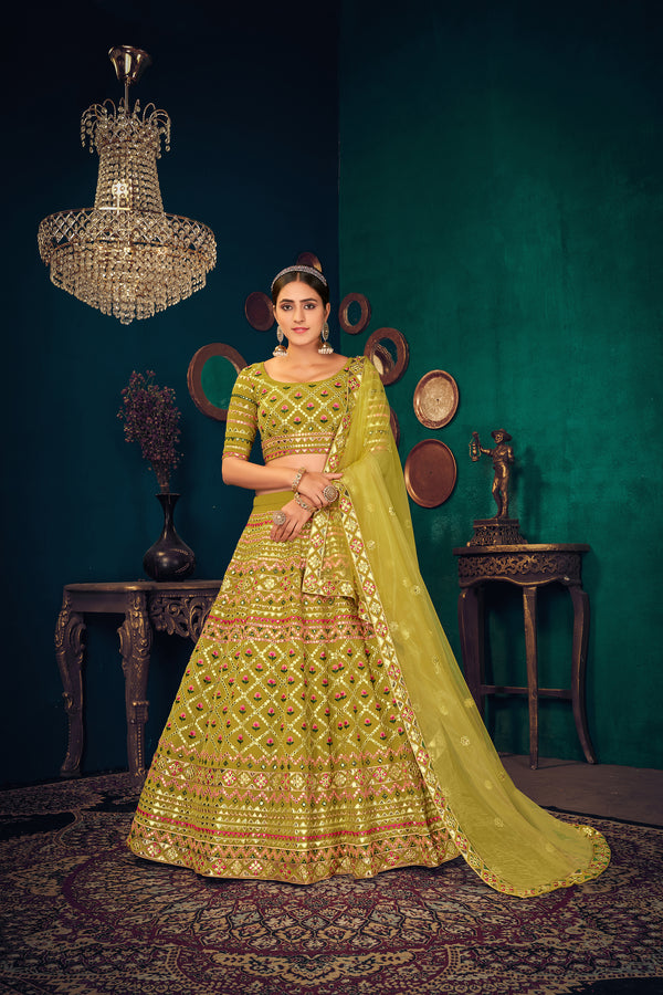 Green Lime Georgette Lehenga with Multi Thread & Gota Patti Embroidery Work