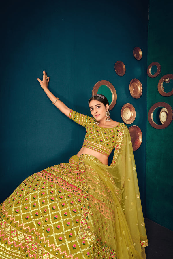 Green Lime Georgette Lehenga with Multi Thread & Gota Patti Embroidery Work