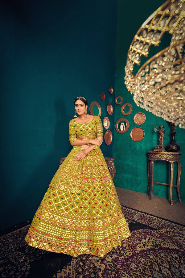 Green Lime Georgette Lehenga with Multi Thread & Gota Patti Embroidery Work