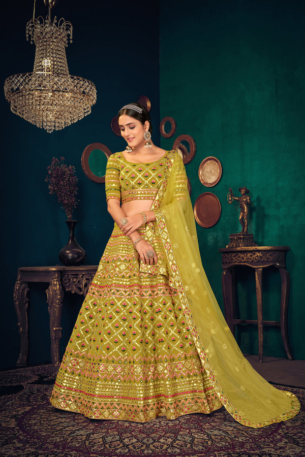 Green Lime Georgette Lehenga with Multi Thread & Gota Patti Embroidery Work