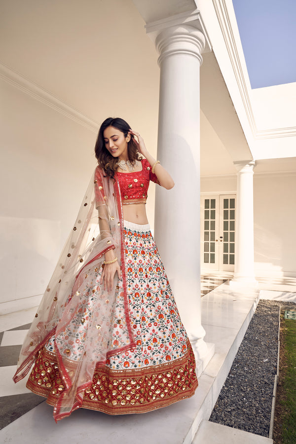 Elegant White Art Silk Lehenga with Thread & Sequin Embroidery Work