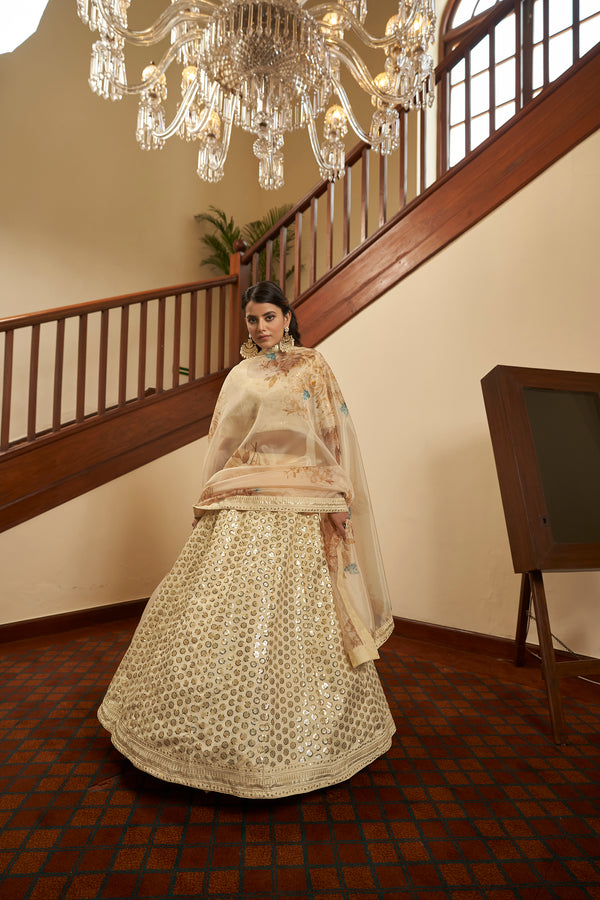 Elegant Beige Art Silk Lehenga with Thread & Sequin Embroidery