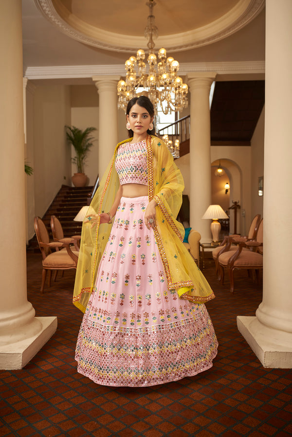 Graceful Pink Georgette Lehenga with Gota Patti & Thread Embroidery