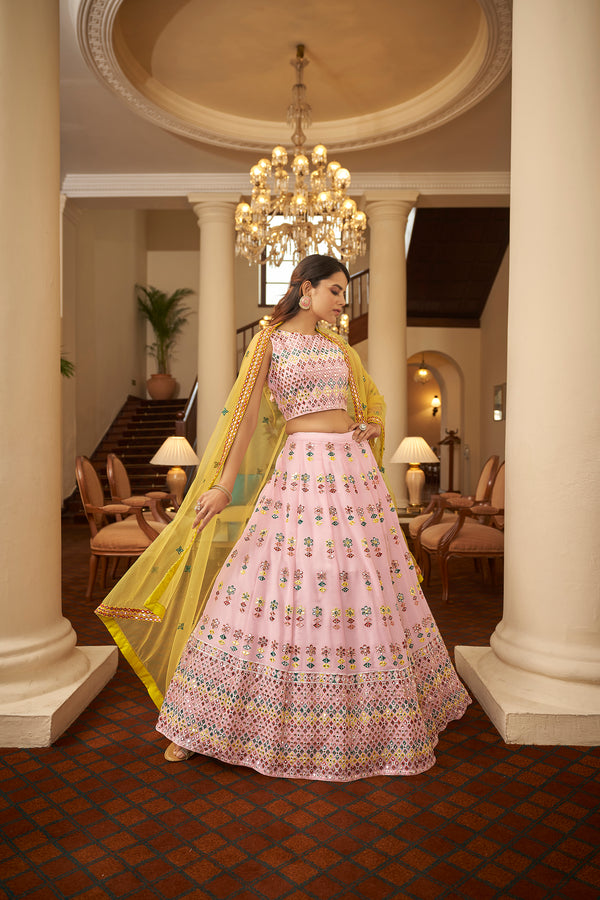 Graceful Pink Georgette Lehenga with Gota Patti & Thread Embroidery