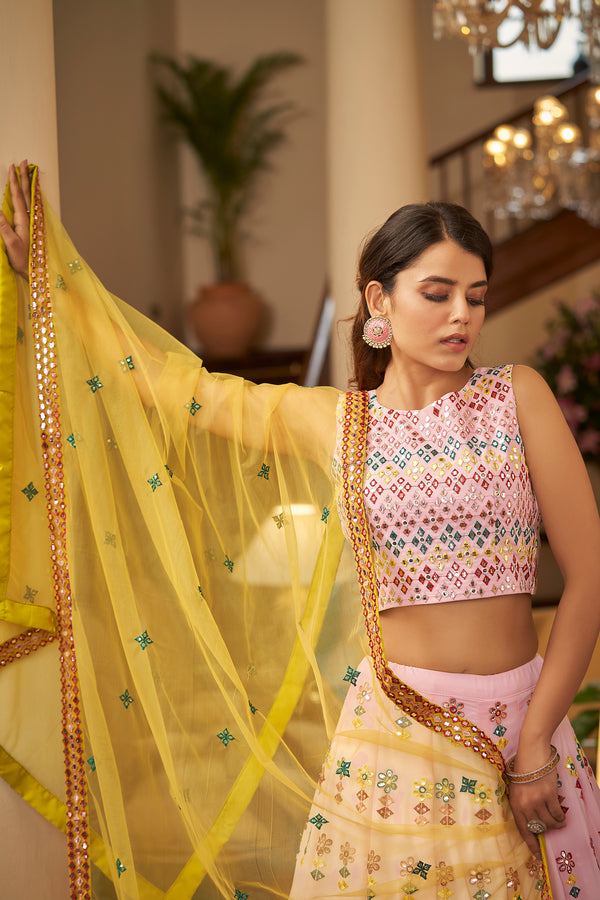 Graceful Pink Georgette Lehenga with Gota Patti & Thread Embroidery