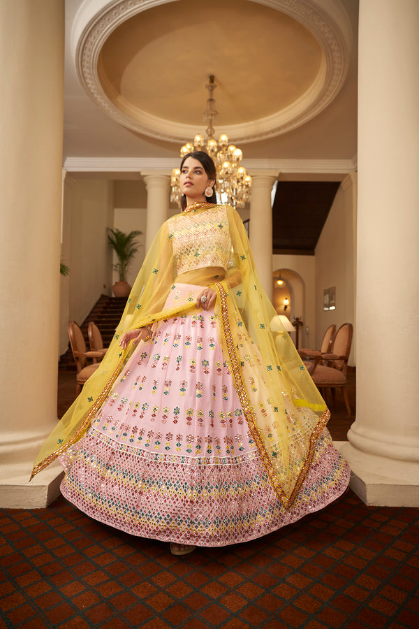 Graceful Pink Georgette Lehenga with Gota Patti & Thread Embroidery