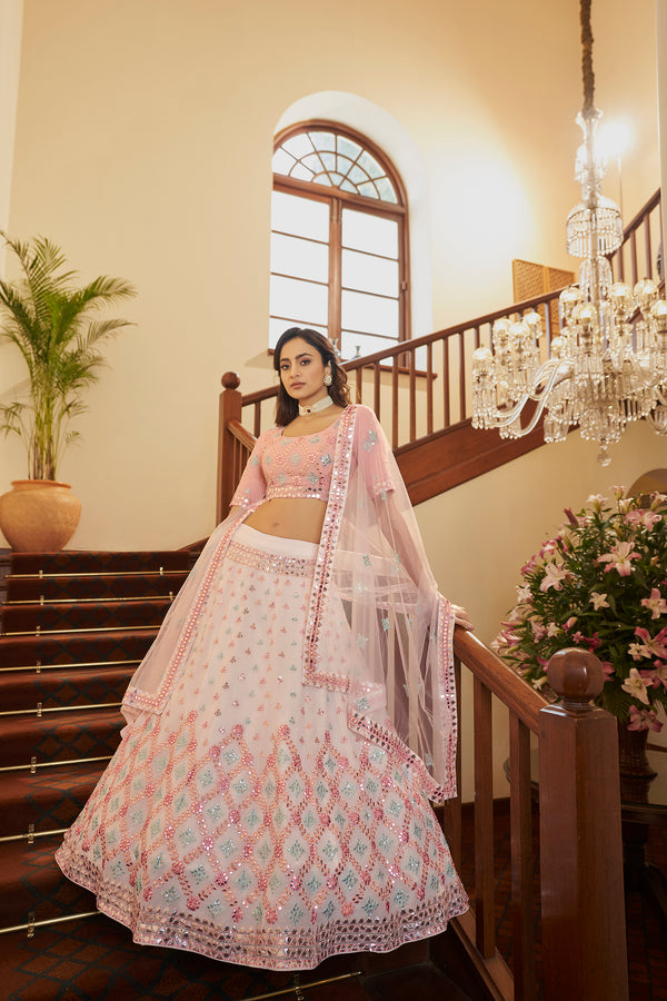 Pearl White Georgette Lehenga with Gota Patti & Thread Embroidery