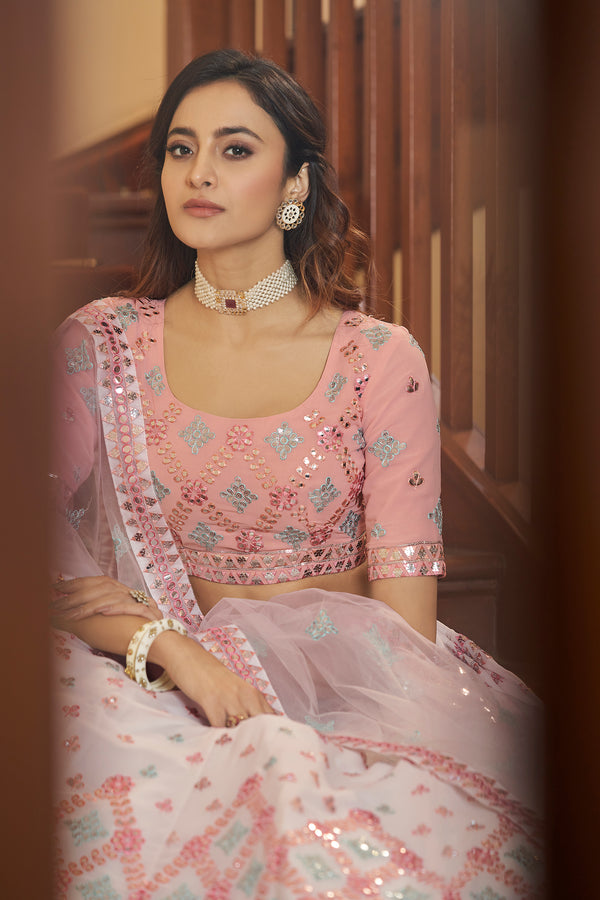 Pearl White Georgette Lehenga with Gota Patti & Thread Embroidery