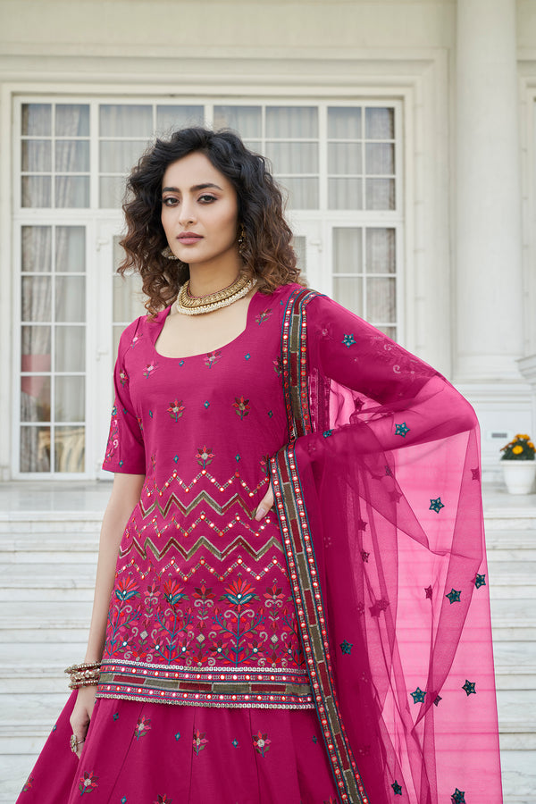 Deep Pink Chinon Chiffon Lehenga with Gota Patti, Thread & Sequin Embroidery