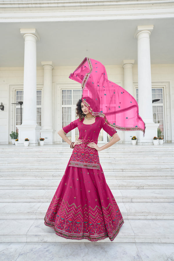 Deep Pink Chinon Chiffon Lehenga with Gota Patti, Thread & Sequin Embroidery