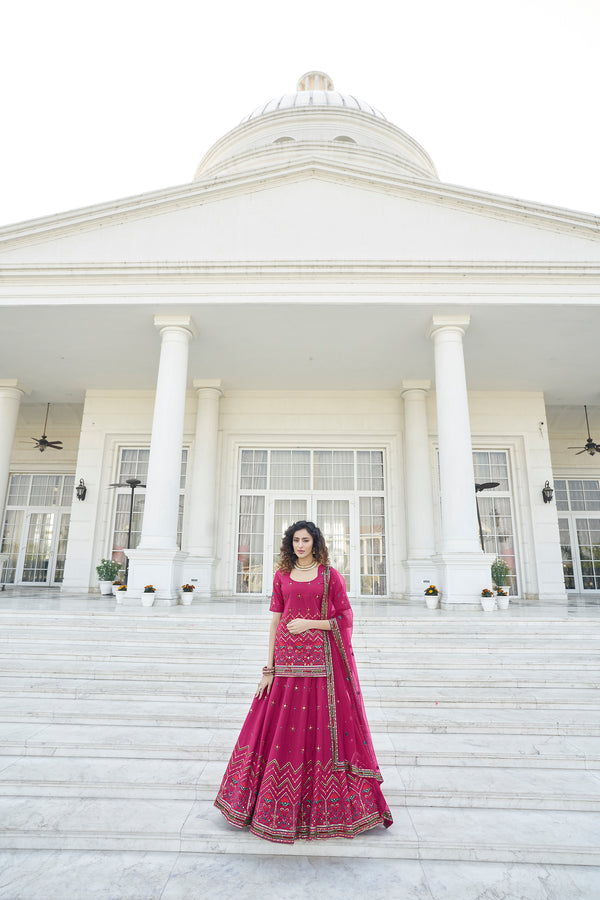 Deep Pink Chinon Chiffon Lehenga with Gota Patti, Thread & Sequin Embroidery