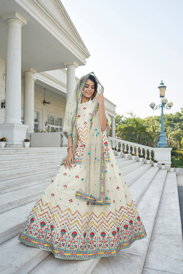 Elegant Beige Chinon Chiffon Lehenga with Gota Patti, Thread & Sequin Embroidery