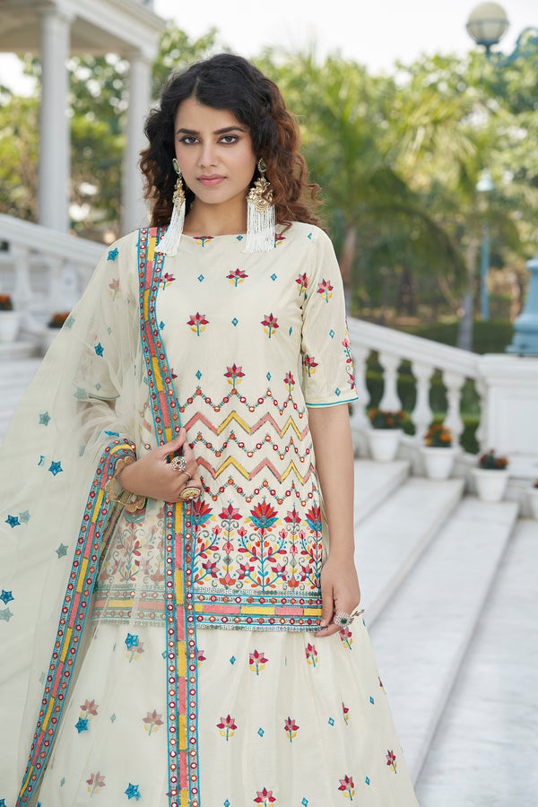 Elegant Beige Chinon Chiffon Lehenga with Gota Patti, Thread & Sequin Embroidery