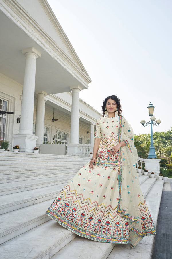 Elegant Beige Chinon Chiffon Lehenga with Gota Patti, Thread & Sequin Embroidery