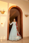 Sky Blue Georgette Lehenga with Embellished Mukaish & Shibori Print
