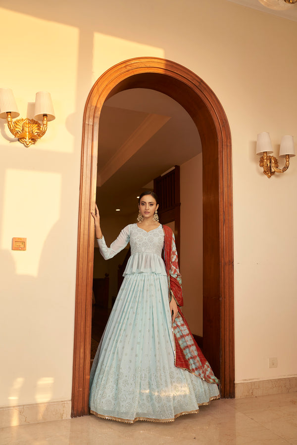 Sky Blue Georgette Lehenga with Embellished Mukaish & Shibori Print