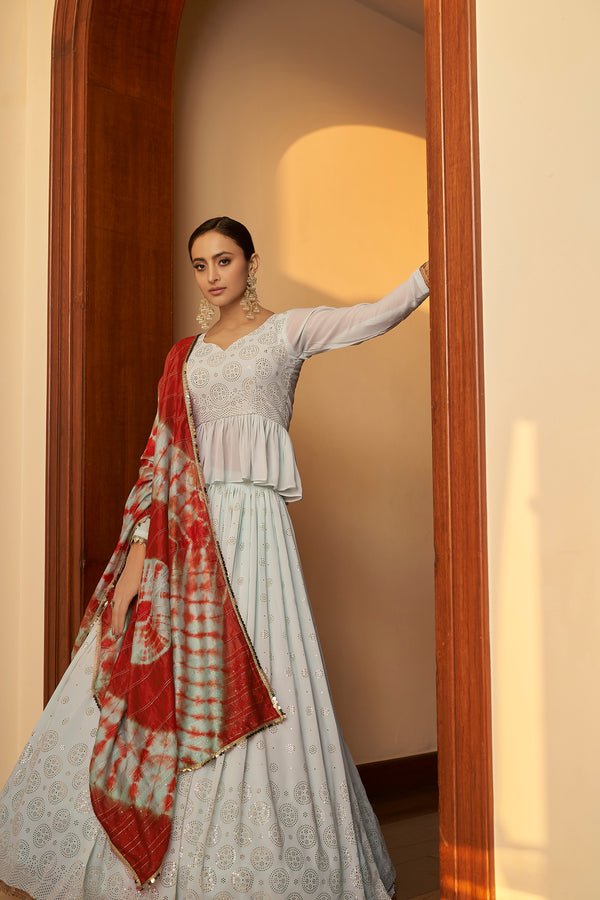 Sky Blue Georgette Lehenga with Embellished Mukaish & Shibori Print