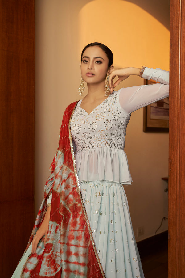 Sky Blue Georgette Lehenga with Embellished Mukaish & Shibori Print