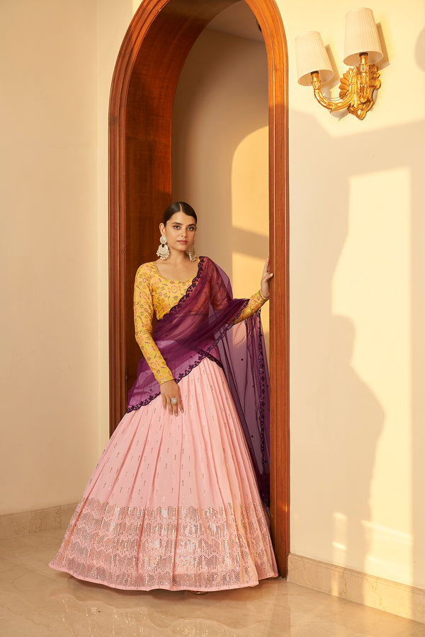 Pink Georgette Lehenga with Embellished Mukaish & Multi-Color Weaving Fabric