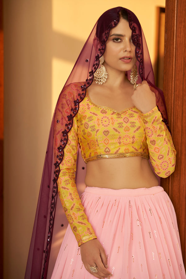 Pink Georgette Lehenga with Embellished Mukaish & Multi-Color Weaving Fabric
