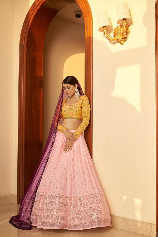 Pink Georgette Lehenga with Embellished Mukaish & Multi-Color Weaving Fabric