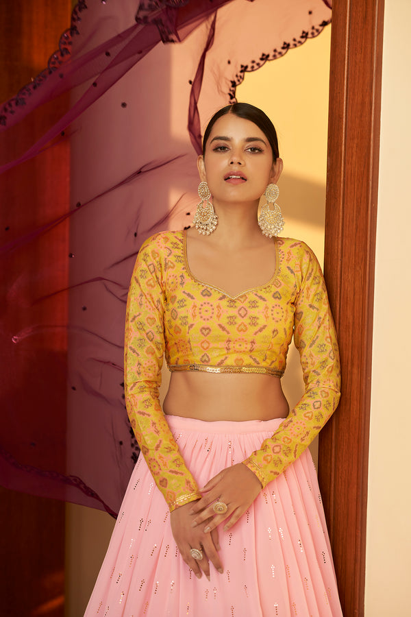 Pink Georgette Lehenga with Embellished Mukaish & Multi-Color Weaving Fabric