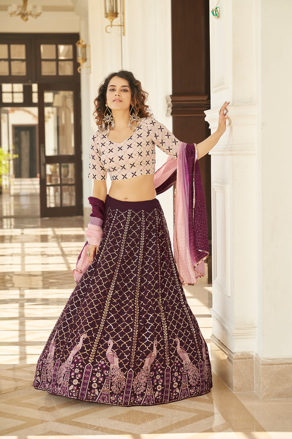 Purple Georgette Lehenga with Thread & Sequin Embroidery and Shibori Work