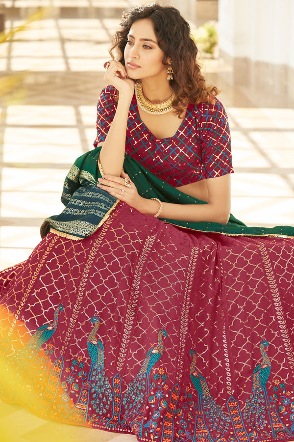 Deep Pink Georgette Lehenga with Thread & Sequin Embroidery