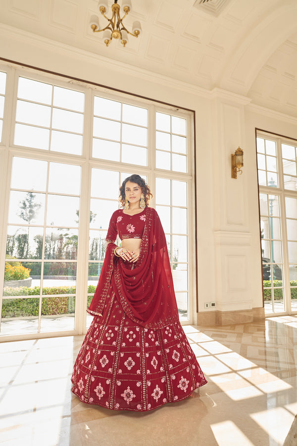 Red Georgette Lehenga with Thread & Sequin Embroidery
