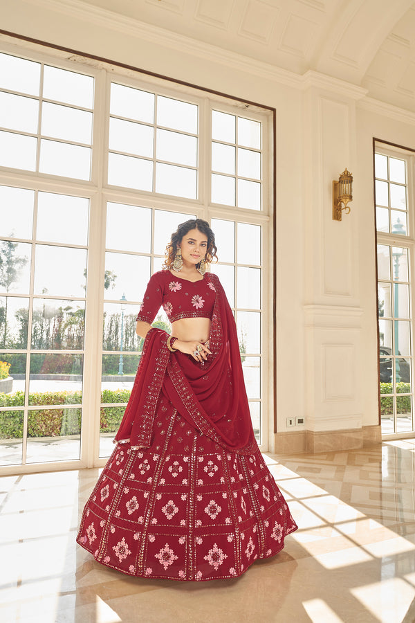Red Georgette Lehenga with Thread & Sequin Embroidery