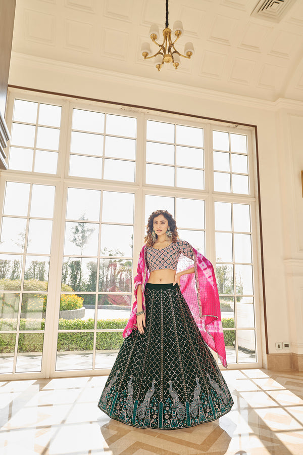 Green Georgette Lehenga with Shibori & Sequin Embroidery