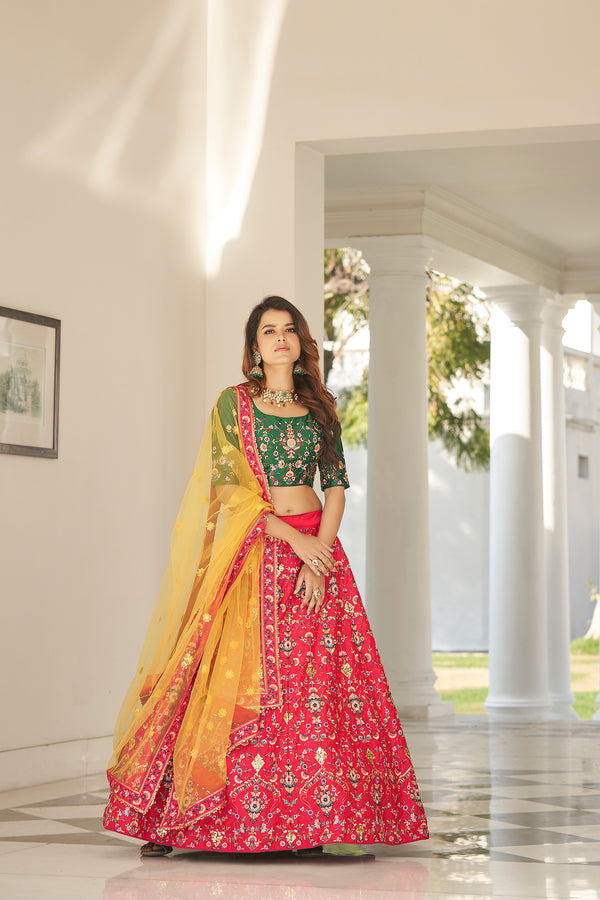 Red Silk Lehenga with Sequin & Thread Embroidery