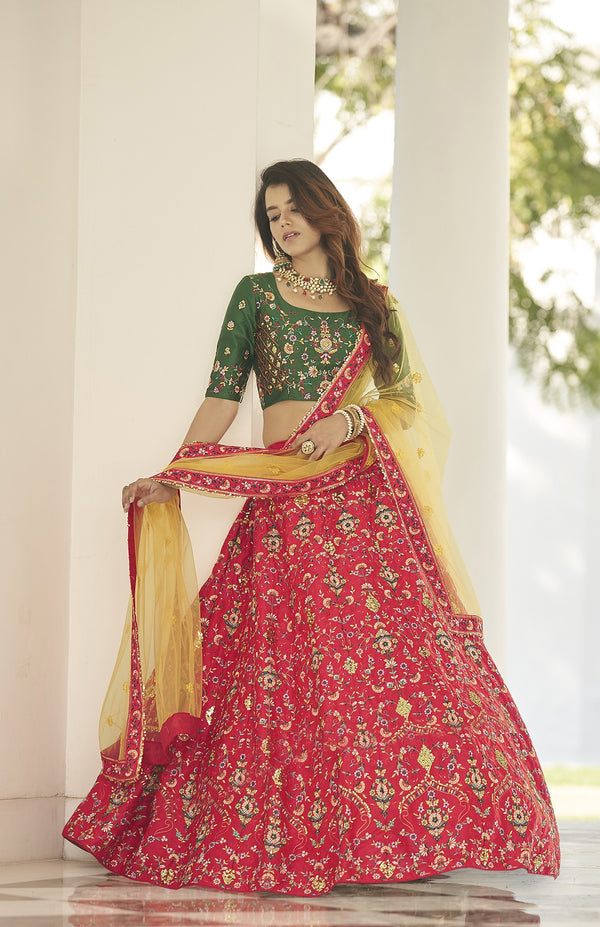 Red Silk Lehenga with Sequin & Thread Embroidery