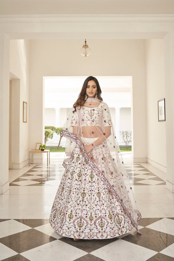 Elegant White Silk Lehenga with Sequin & Thread Embroidery