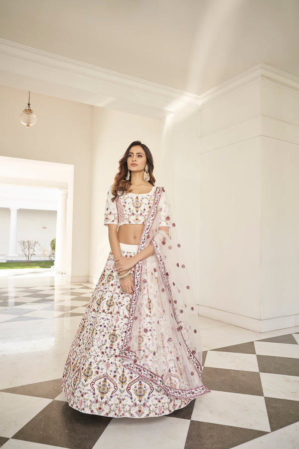 Elegant White Silk Lehenga with Sequin & Thread Embroidery
