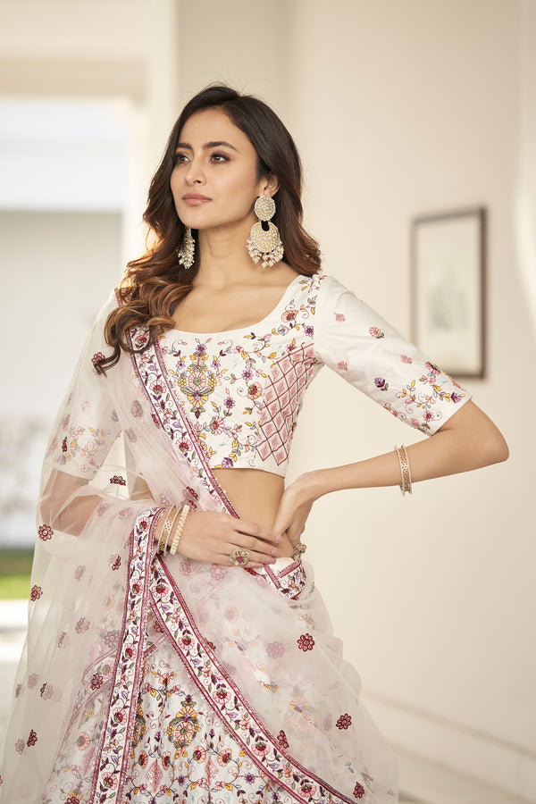 Elegant White Silk Lehenga with Sequin & Thread Embroidery