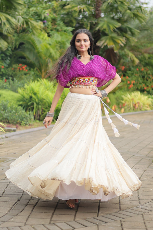 Purple Leheriya Print & Kutchi Patchwork with Off White Readymade Cotton Lehenga Choli