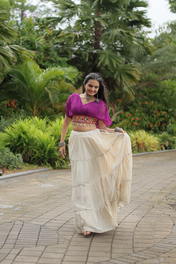 Purple Leheriya Print & Kutchi Patchwork with Off White Readymade Cotton Lehenga Choli
