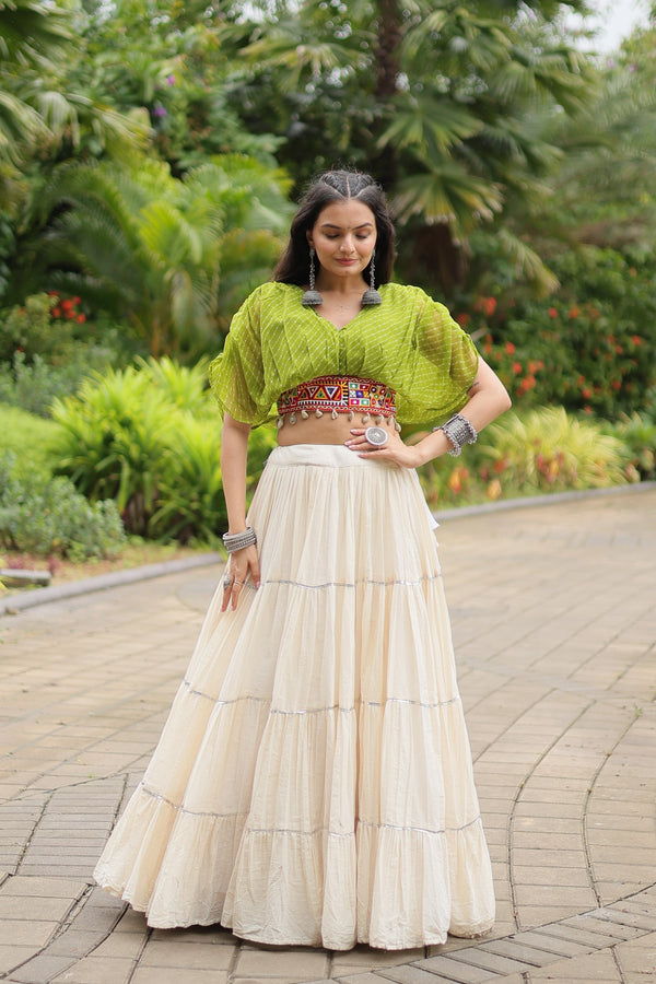 Pista Green Leheriya Print & Kutchi Patchwork with Off White Readymade Cotton Lehenga Choli for Navratri