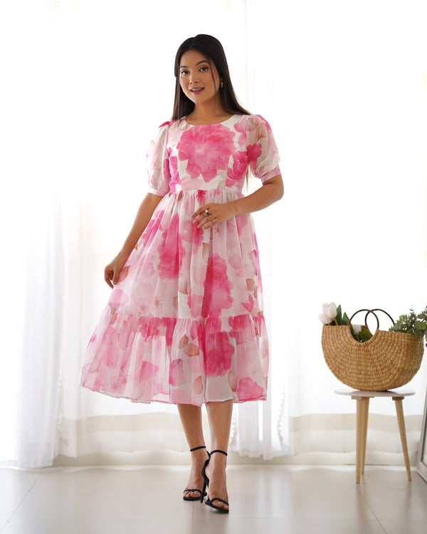 Summer Special Floral Print Organza Silk One-Piece Dress – Ready to Wear