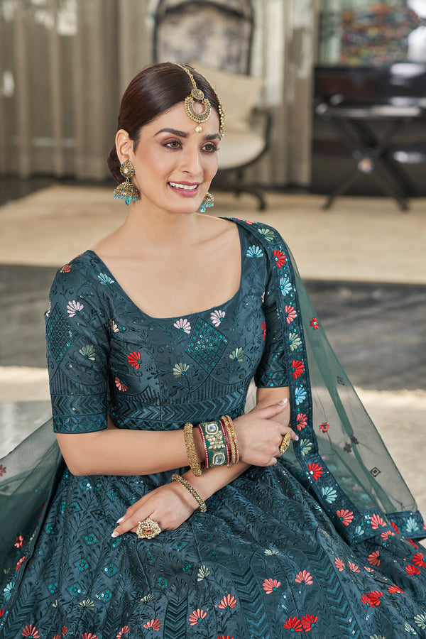 Teal Green Silk Lehenga with Exquisite Thread & Sequin Embroidery