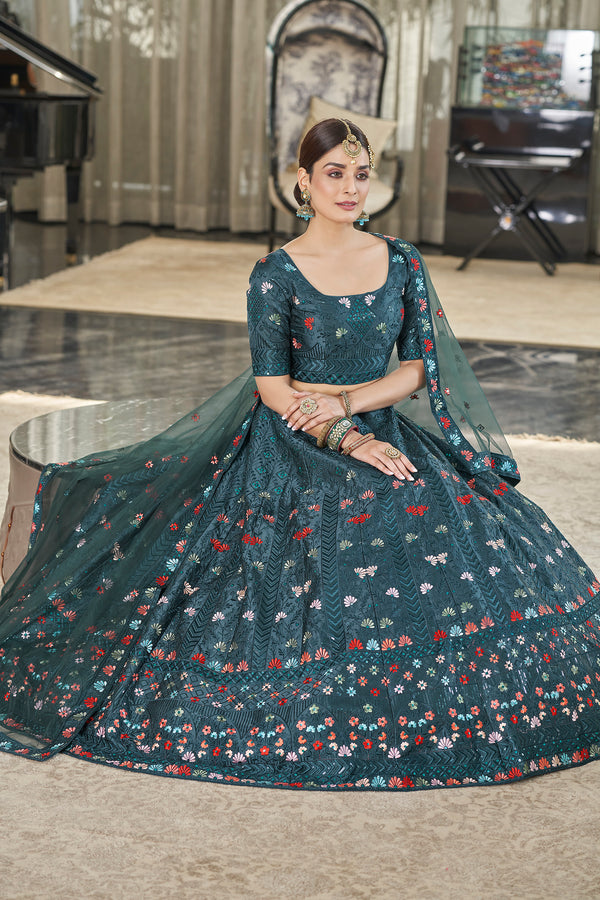 Teal Green Silk Lehenga with Exquisite Thread & Sequin Embroidery